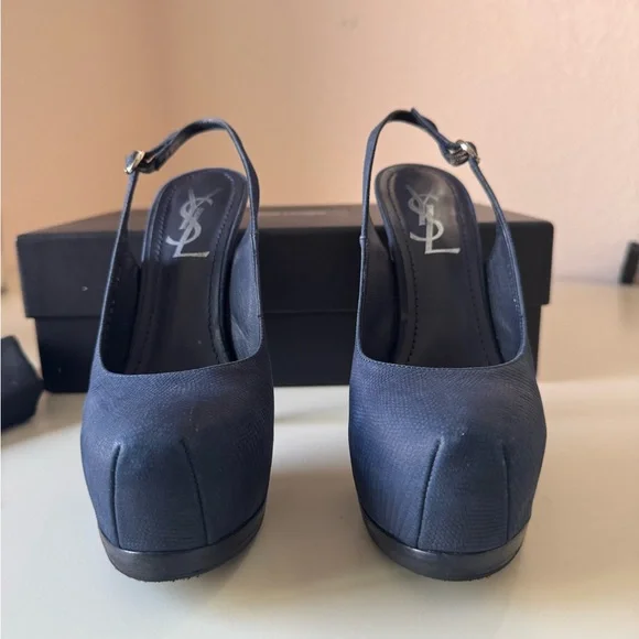 Saint Laurent Navy Blue Suede Tribtoo Slingback Heels 105mm - Picture 9 of 15